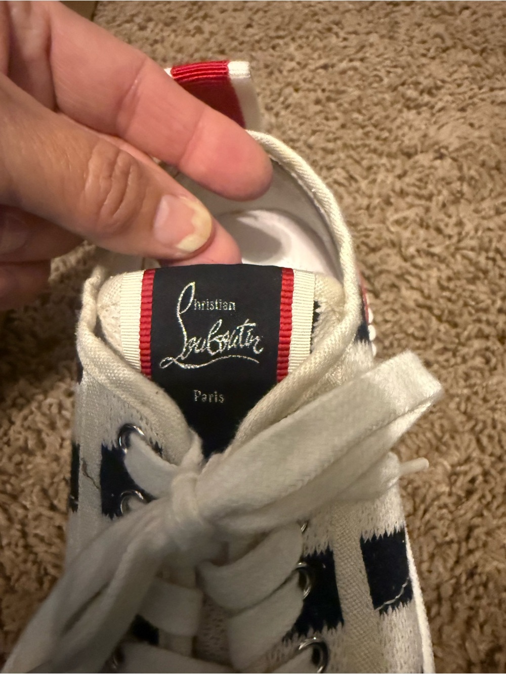 Christian Louboutin Navy & White Striped Low-Top Sneakers with Red Trim - Picture 9 of 15